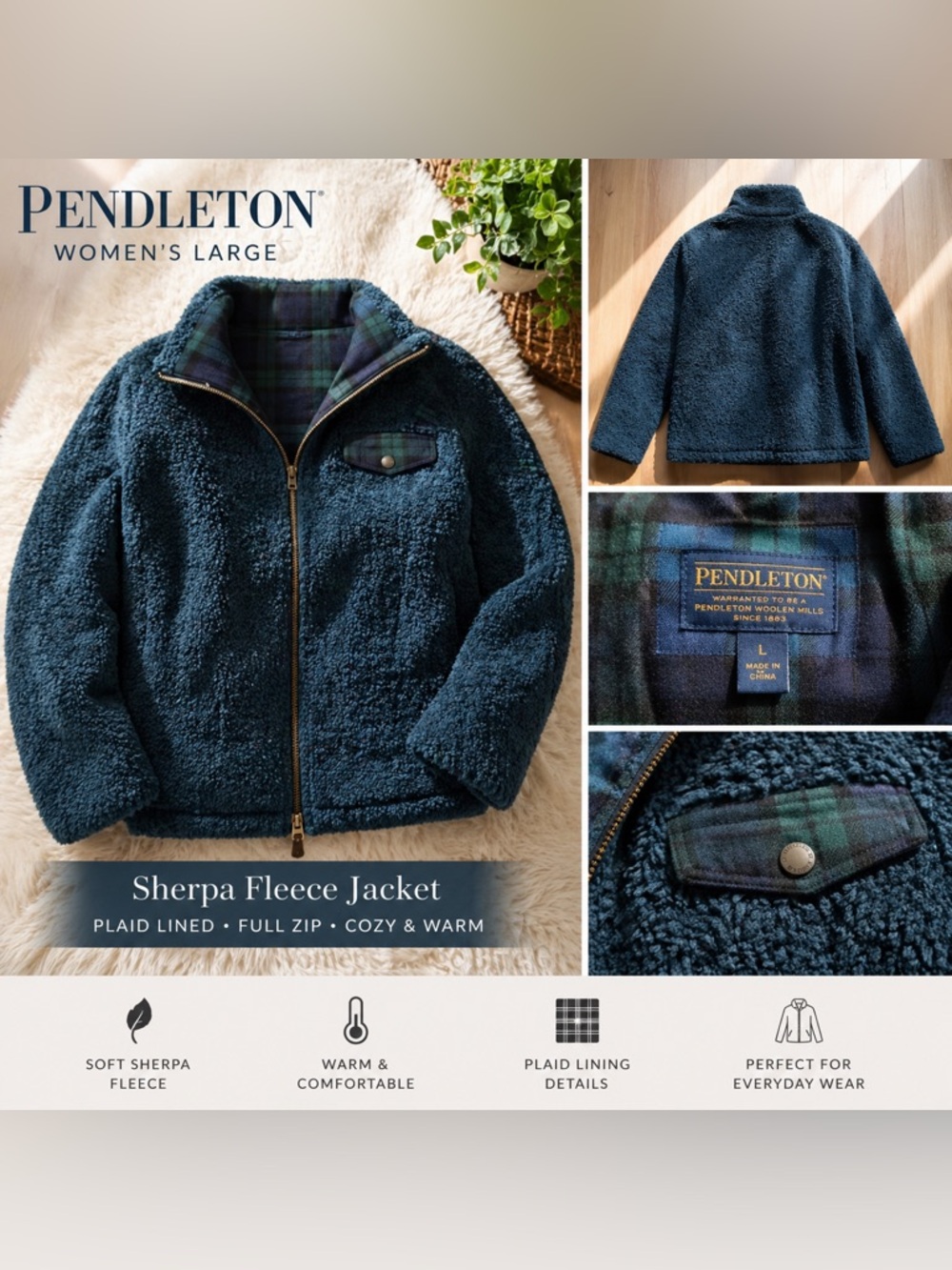Pendleton Sherpa Fleece Jacket Womens Large Blue Green Plaid Lined Zip